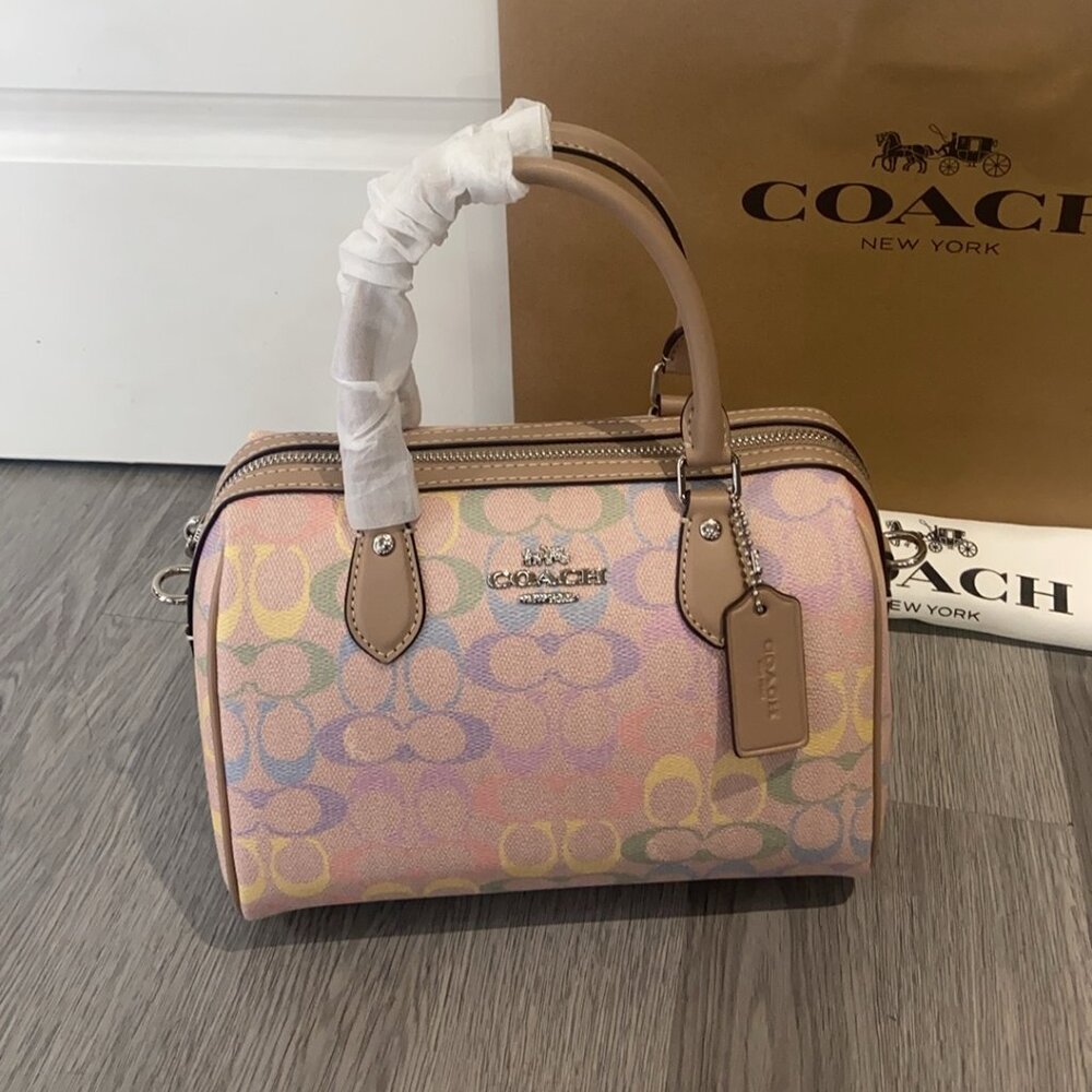 Coach Rowan Satchel Bag Crossbody In Rainbow Sig Canvas/Sv/Sand Multi CDA90 NWT